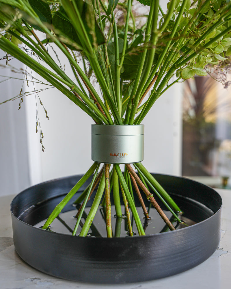 Blumenstiele in einem üppigen Ikebana-Bouquet auf einem schwarzen, mit Wasser gefüllten Blumentablett angeordnet.