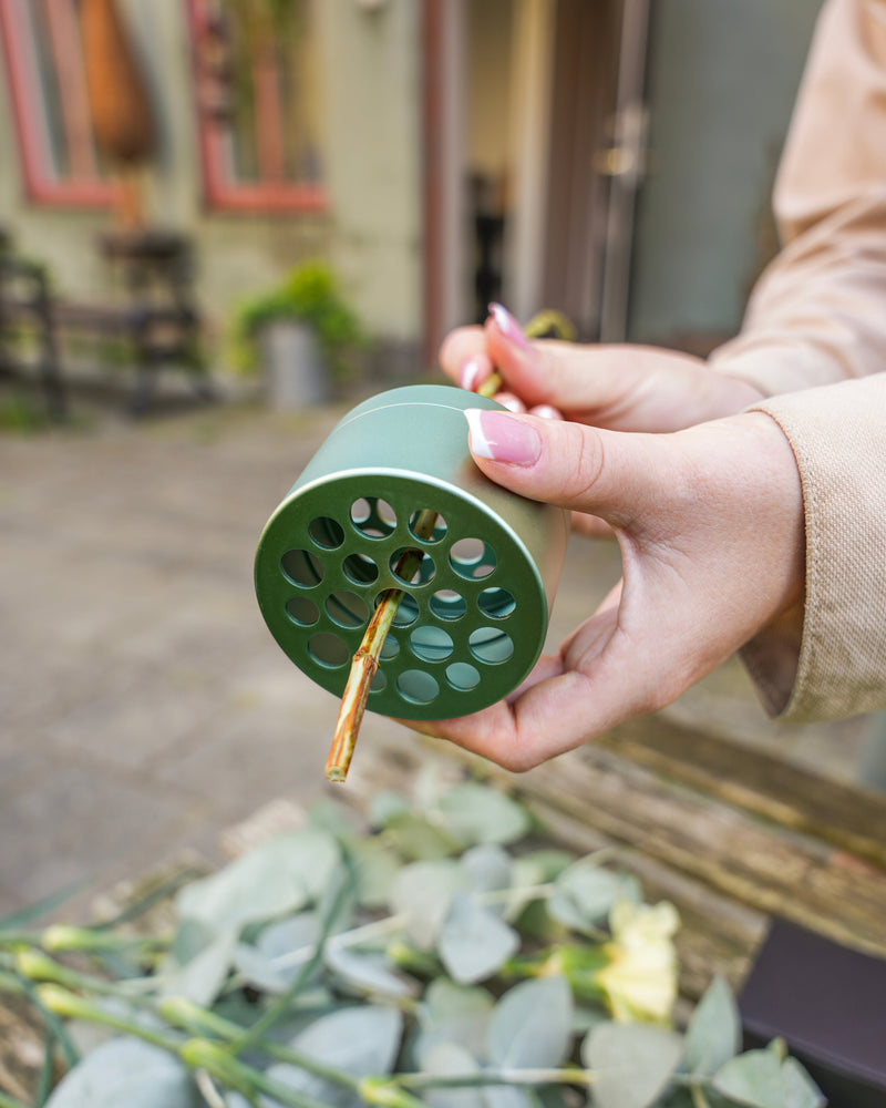 Eine Person hält einen efeugrünen Hanataba-Blumenfrosch mit einem Blumenstiel, der durch eines der Löcher gesteckt ist. Eukalyptusblätter und anderes Grünzeug sind auf der Oberfläche darunter verstreut. Der Hintergrund zeigt eine Außenumgebung.