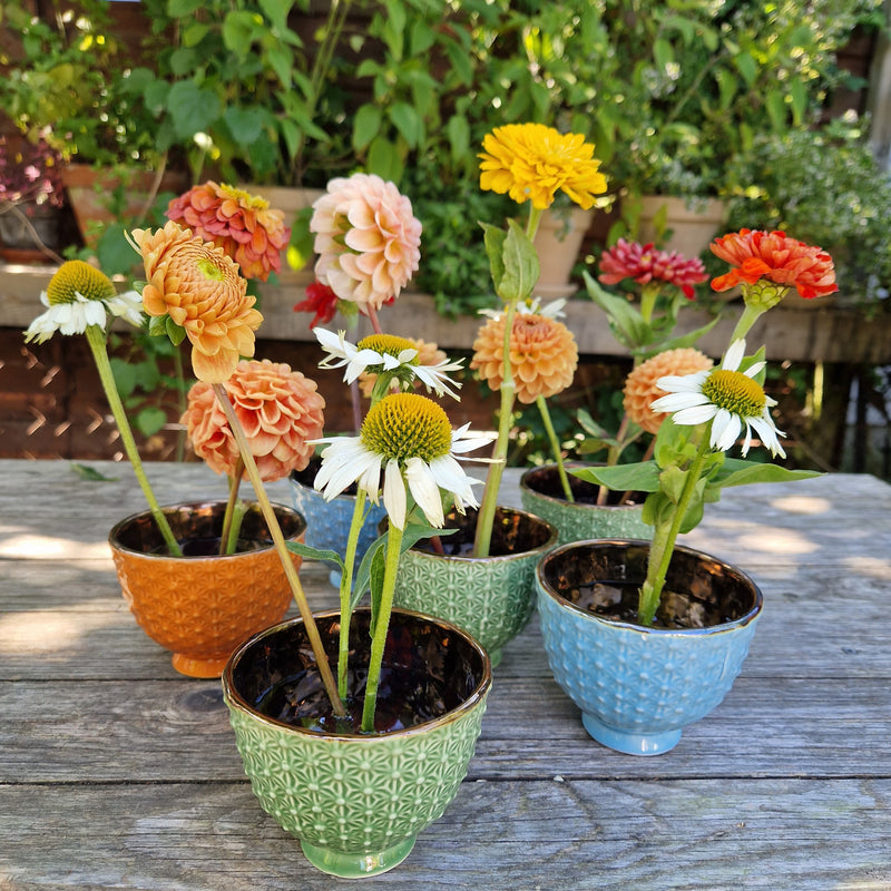 Verschiedene Dahlien und Echinacea-Blüten in strukturierten Keramiktöpfen, jeweils mit einem 34-mm-Kenzan-Ring verankert.