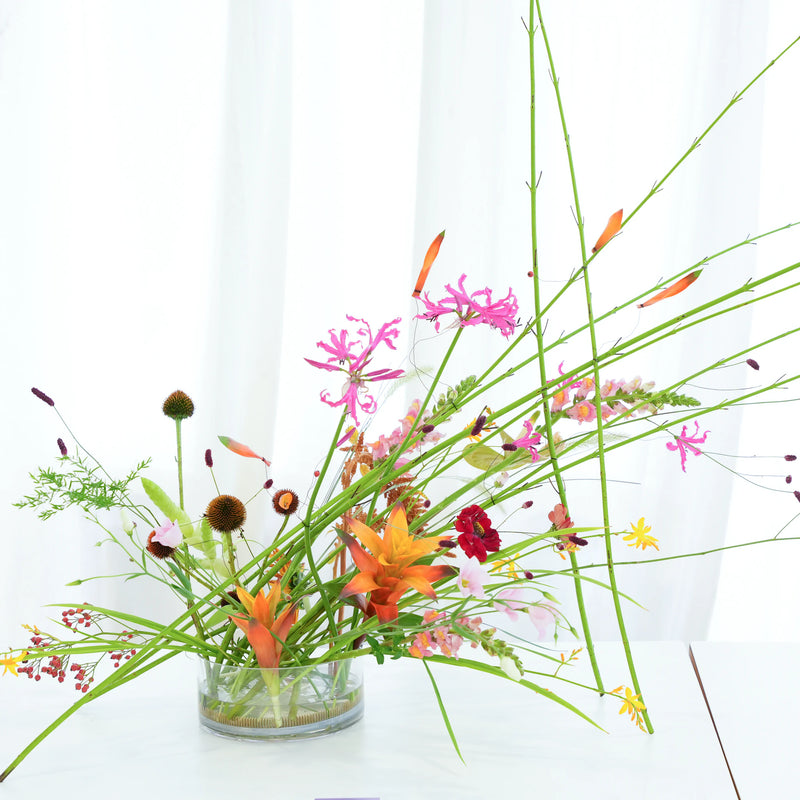 Ein 200-mm-Kenzan-Ring trägt eine eklektische Mischung aus Blumen mit stacheligem Laub und kräftigen Farben, die ein wildes und skurriles Arrangement vor einem strahlend weißen Hintergrund mit transparenten Vorhängen bilden.